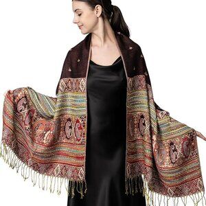 Achillea Reversible Bohemian Pashmina Ethnic Tribal Border Shawl Wrap Scarf